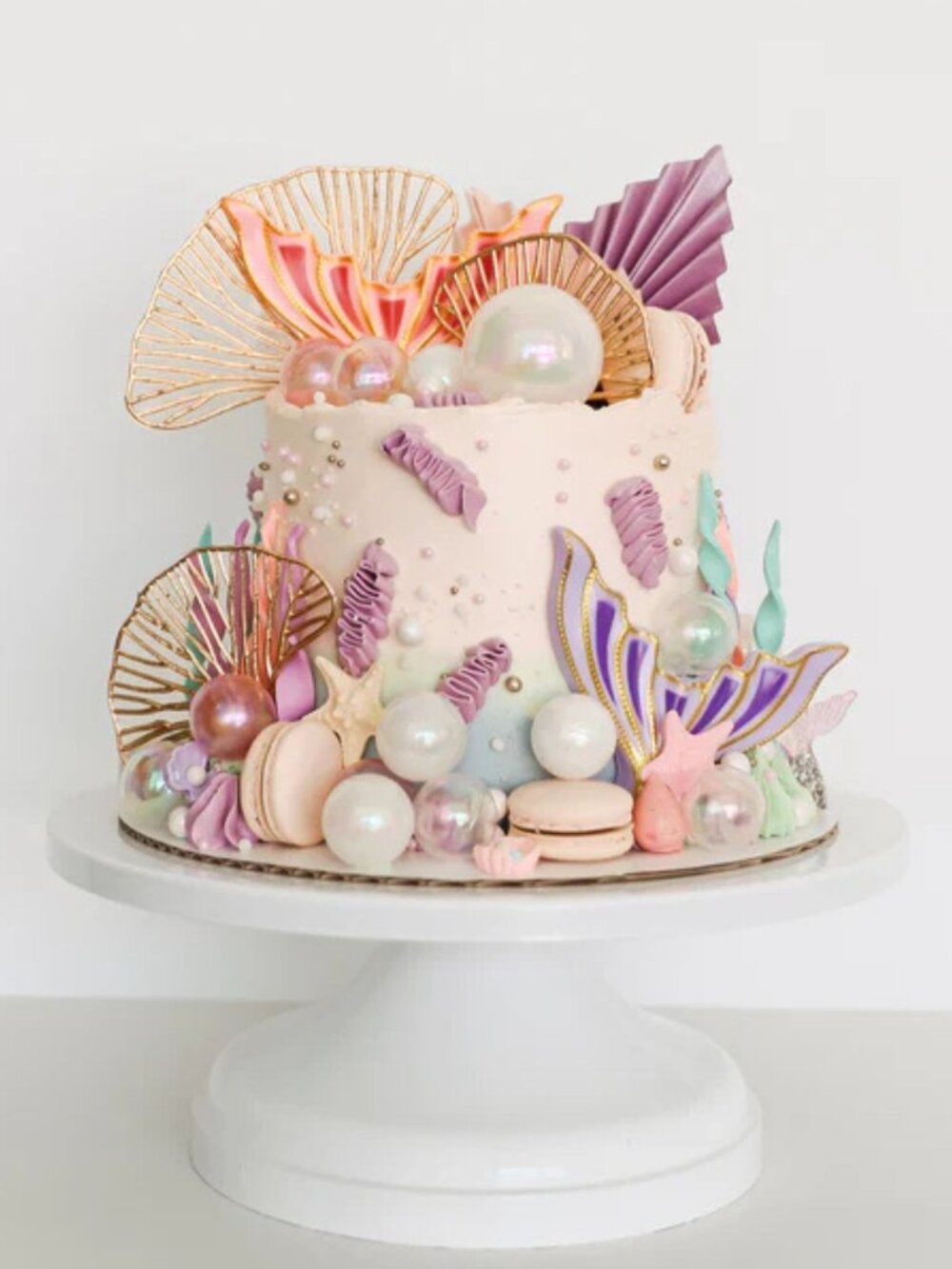 Mermaid Tail, Bubbles, Shells and Gold Ginkgo Leaves Cake Topper